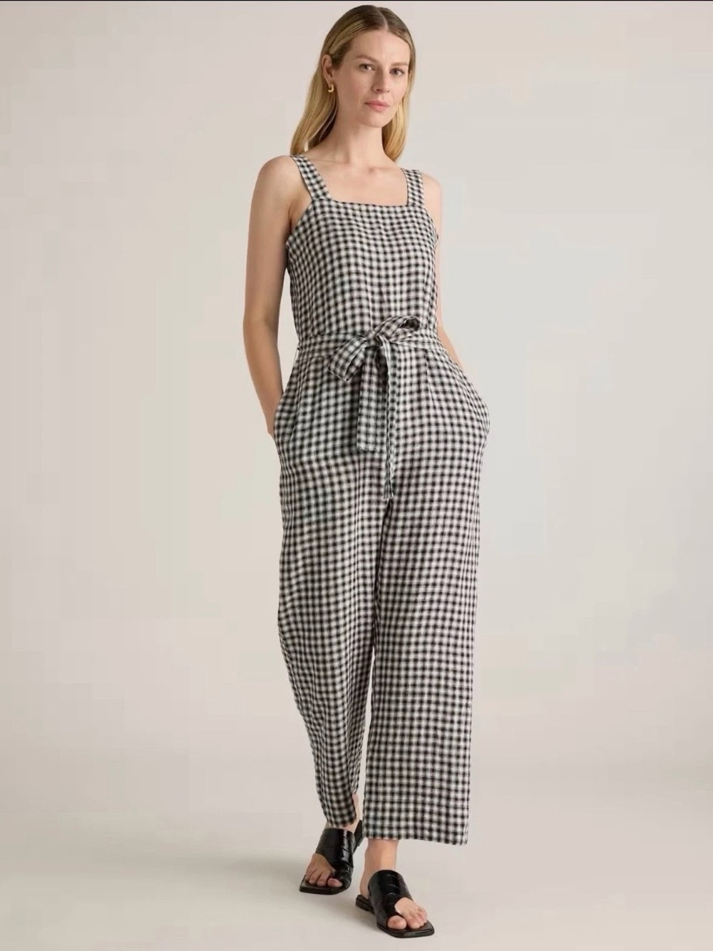 NWT Quince Gingham Tie-Waist Jumpsuit - Black & White